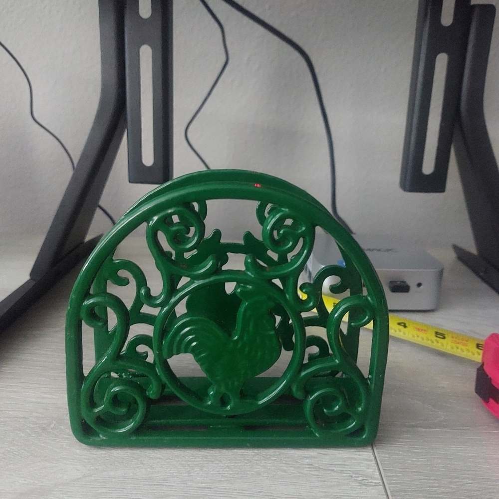 Green Cast Iron Rooster Napkin Holder